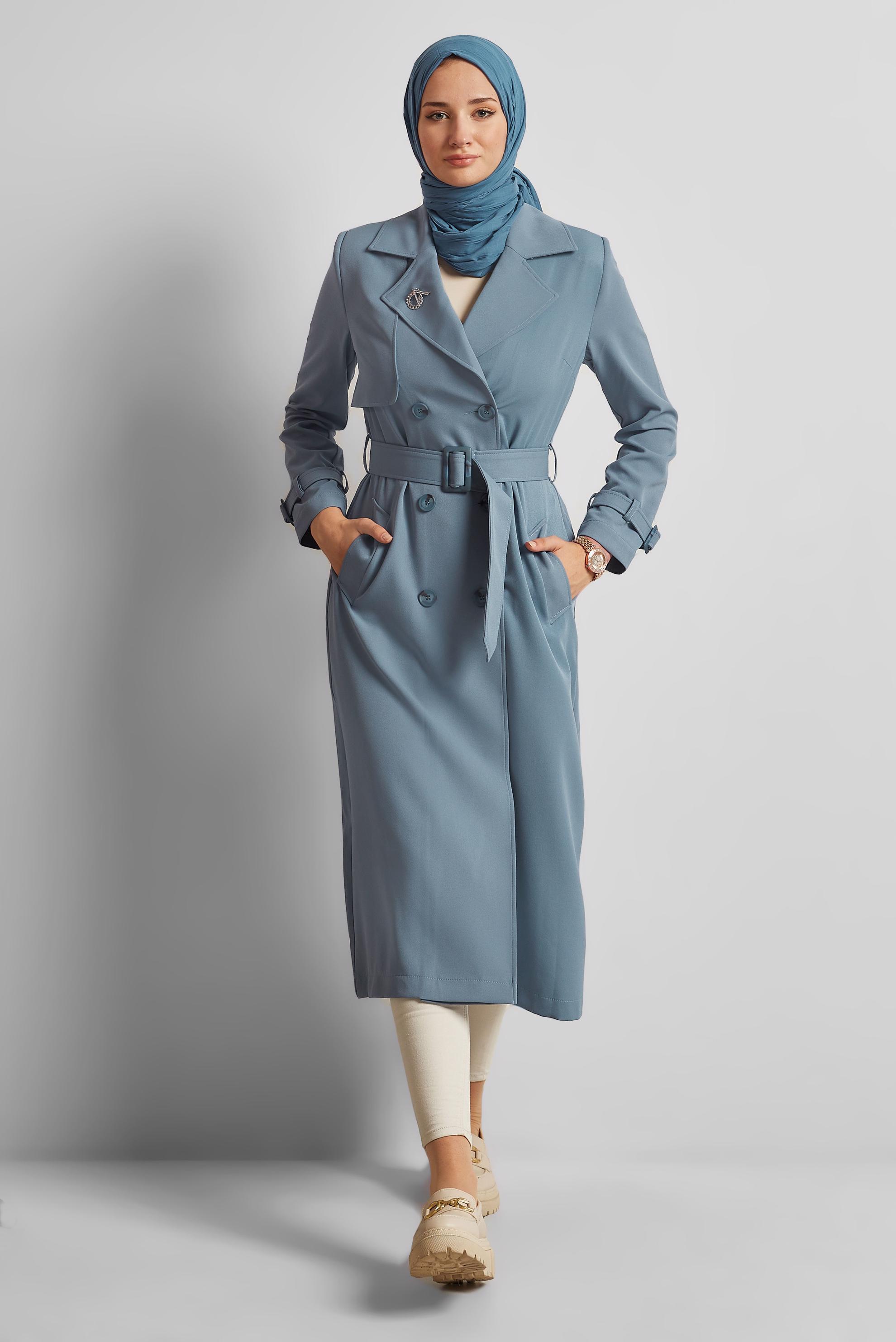 Tesettür giyim MAVİ KEMERLİ TRENÇKOT 10966