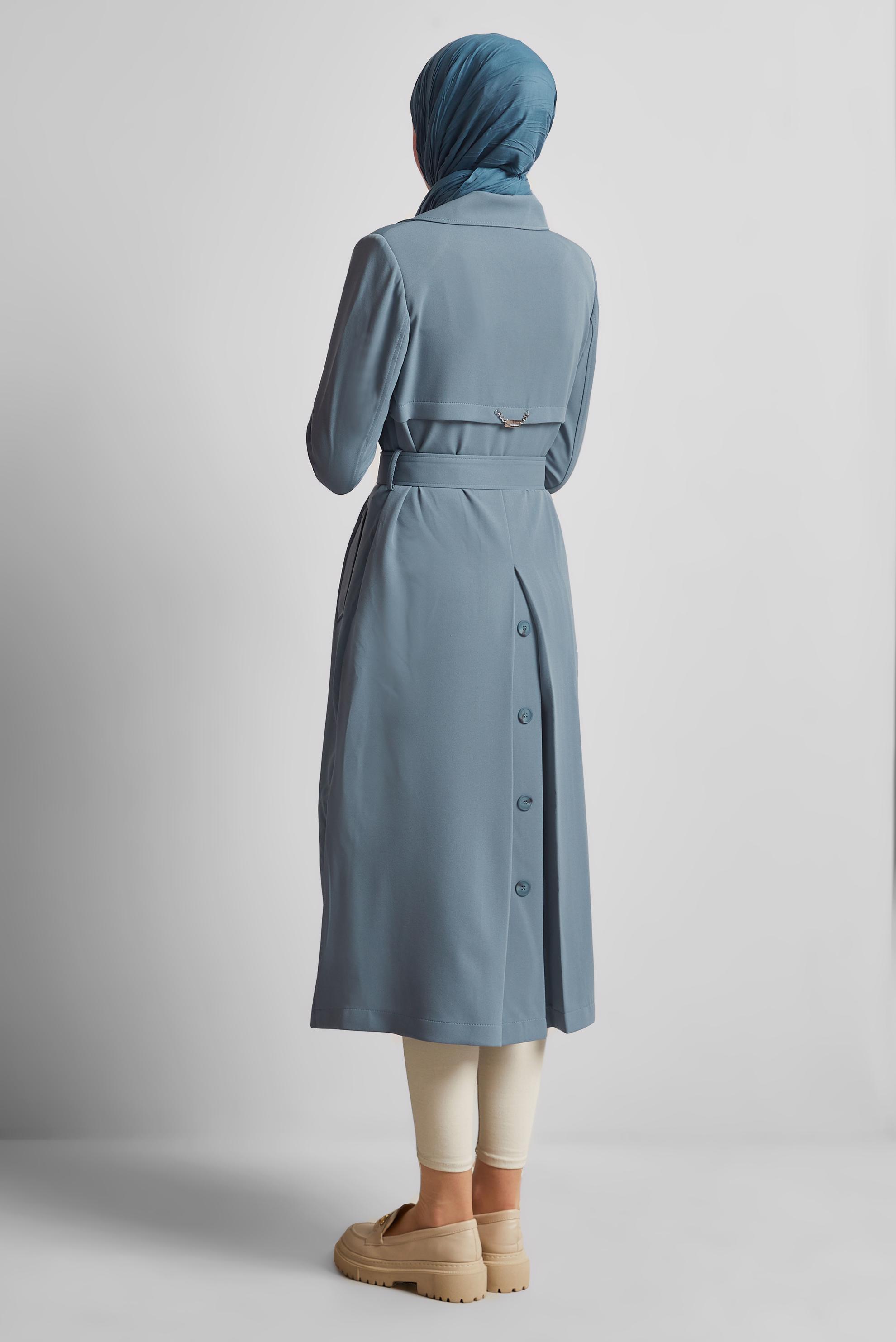 Tesettür giyim MAVİ KEMERLİ TRENÇKOT 10966