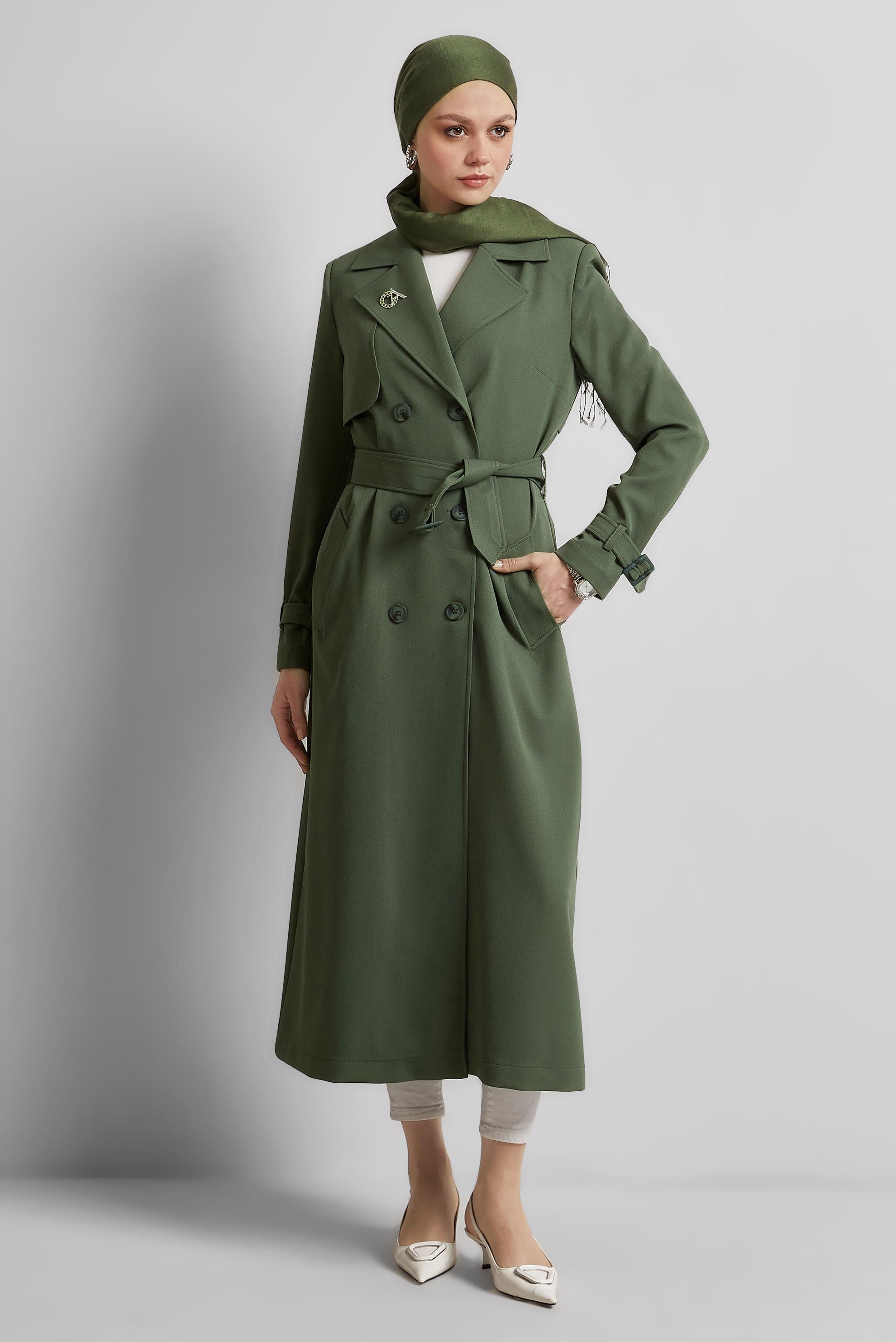 Vêtements hijab VERT TRENCH-COAT CEINTURÉ 10966
