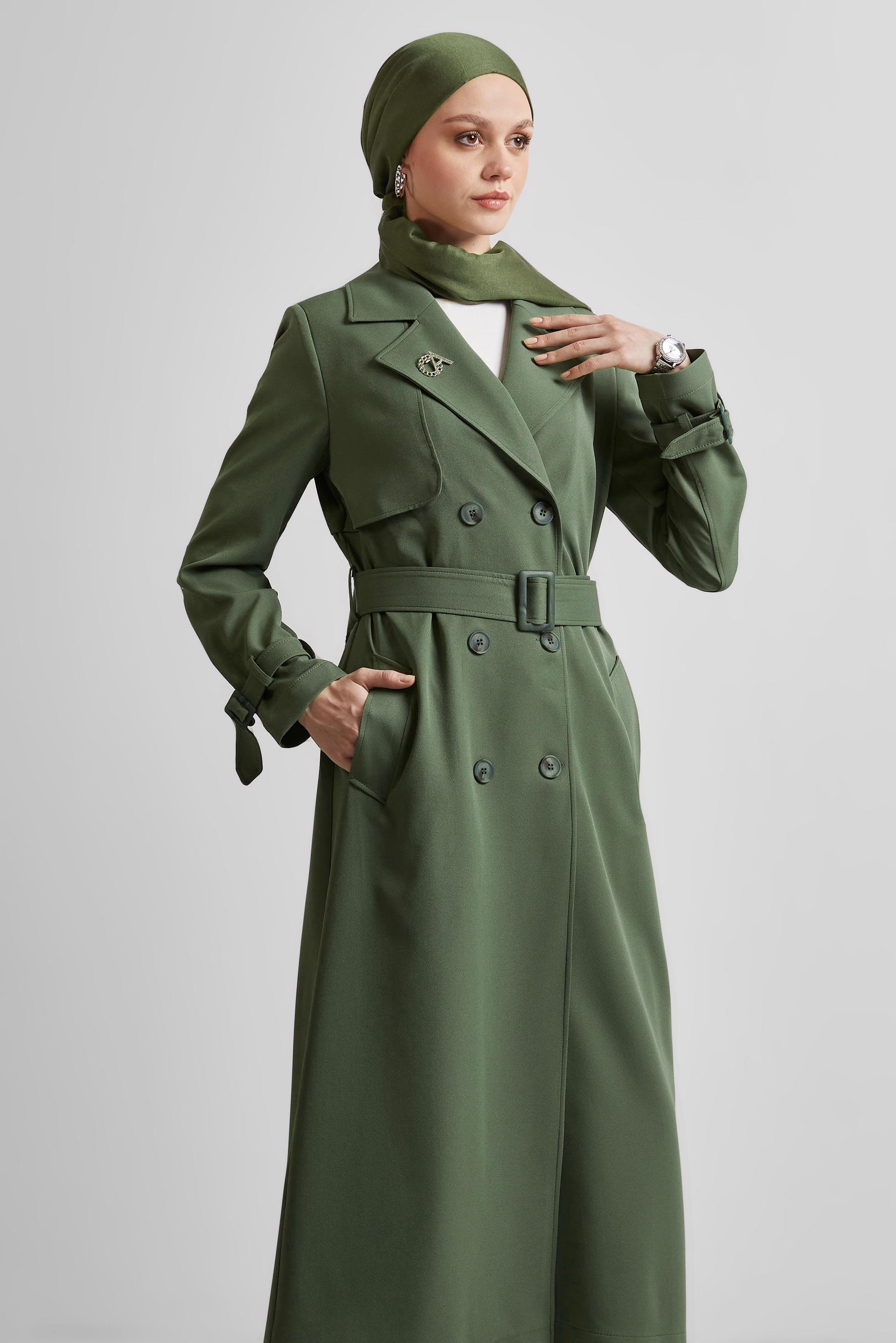 Vêtements hijab VERT TRENCH-COAT CEINTURÉ 10966