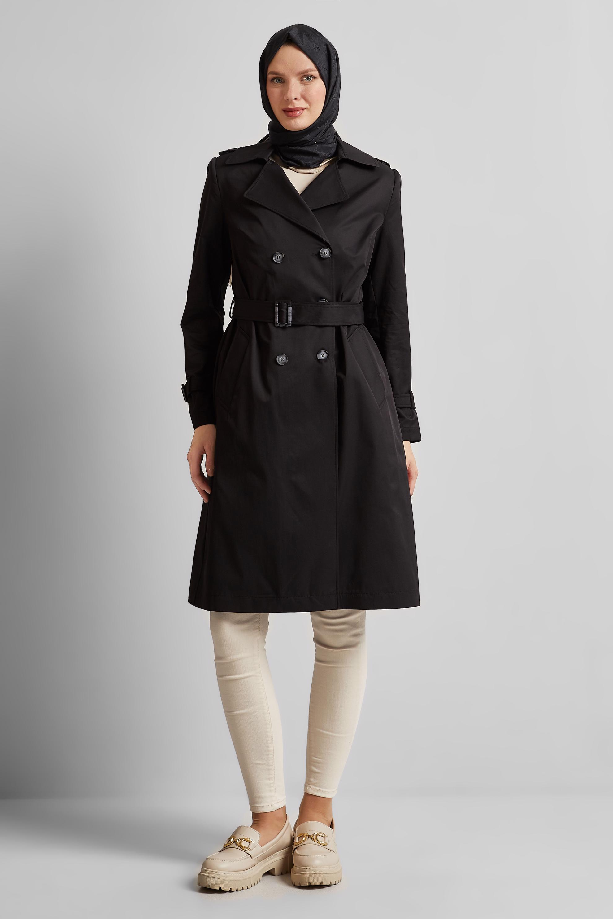 Tesettür giyim SİYAH KEMERLİ TRENÇKOT 10967