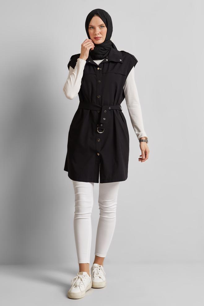 Vêtements hijab NOIR GILET CEINTURÉ 45584 - ALVİNA
