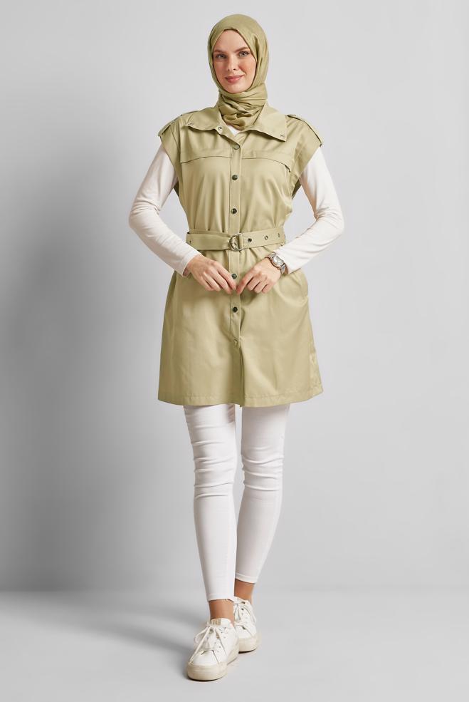 Tesettür giyim BEJ KEMERLİ YELEK 45584 - ALVİNA