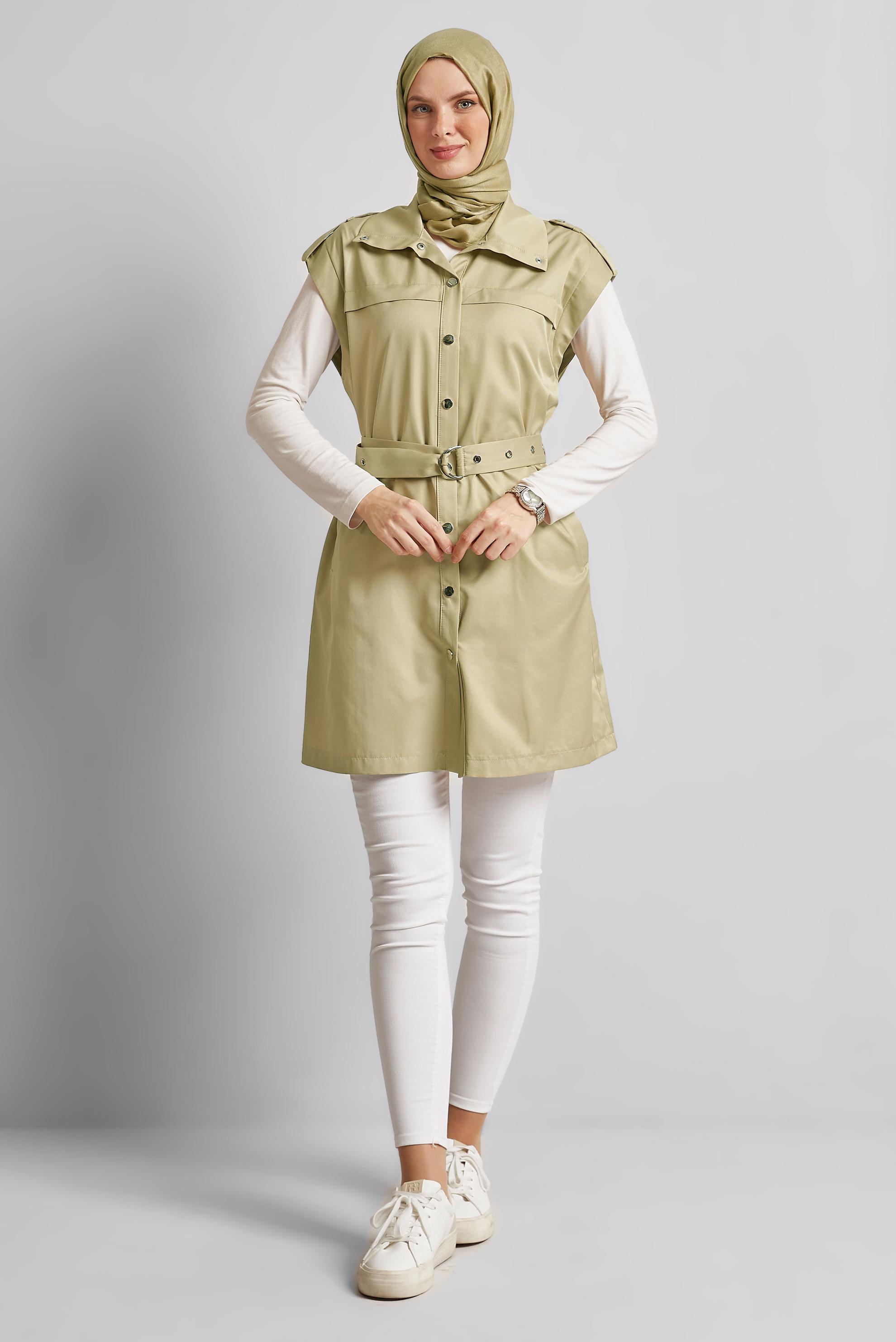 Tesettür giyim BEJ KEMERLİ YELEK 45584