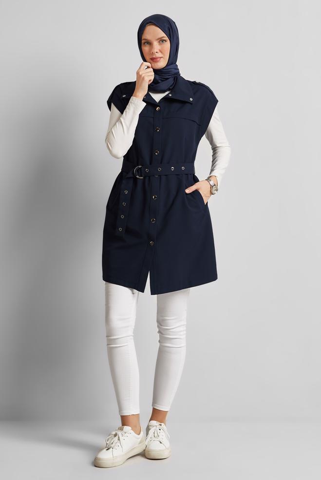 Tesettür giyim LACİVERT KEMERLİ YELEK 45584 - ALVİNA