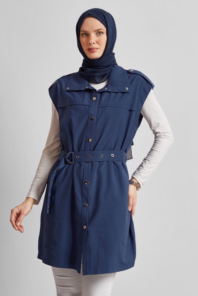 Vêtements hijab BLEU MARINE GILET CEINTURÉ 45584 - ALVİNA