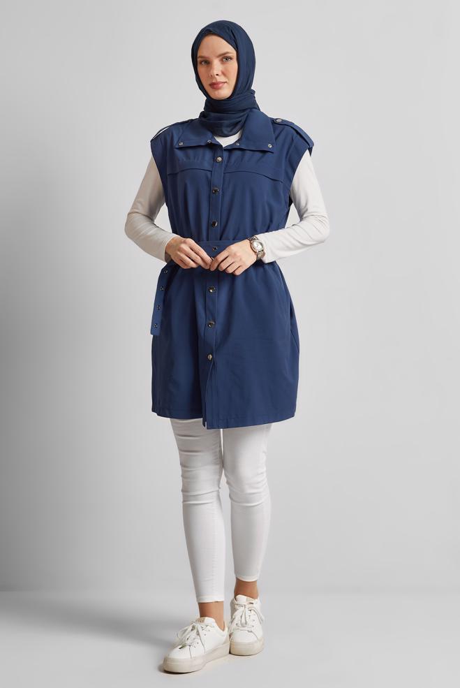 Vêtements hijab BLEU MARINE GILET CEINTURÉ 45584 - ALVİNA