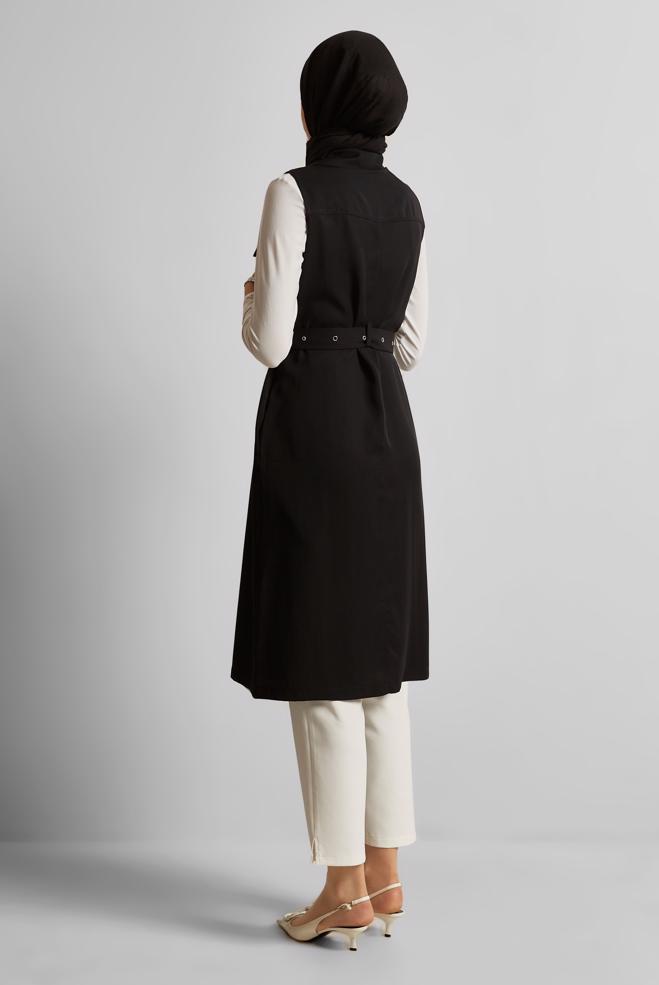 Hijab-Kleidung SCHWARZ LYOCELL-WESTE MIT GÜRTEL 45645 - ALVİNA