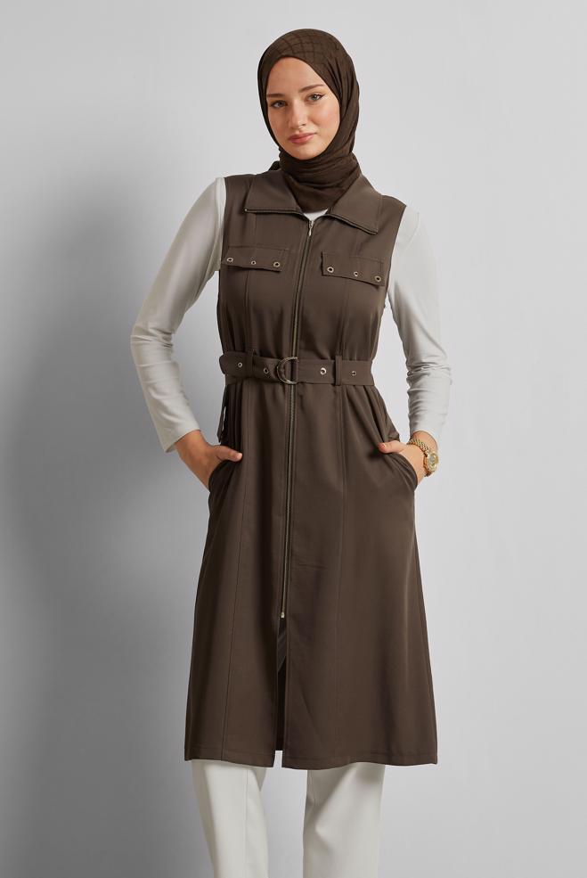 Hijab-Kleidung BRAUN LYOCELL-WESTE MIT GÜRTEL 45645 - ALVİNA
