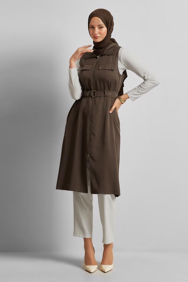 Hijab-Kleidung BRAUN LYOCELL-WESTE MIT GÜRTEL 45645 - ALVİNA