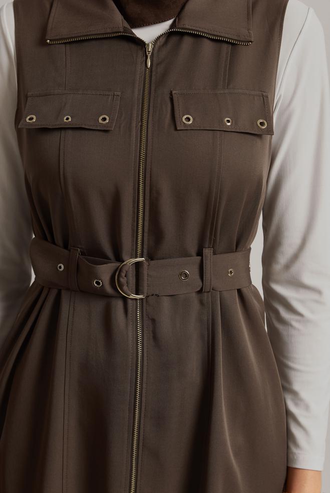 Hijab-Kleidung BRAUN LYOCELL-WESTE MIT GÜRTEL 45645 - ALVİNA