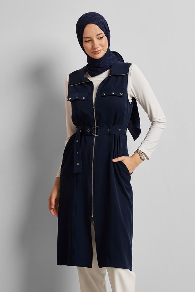 Hijab-Kleidung NAVY BLAU LYOCELL-WESTE MIT GÜRTEL 45645 - ALVİNA