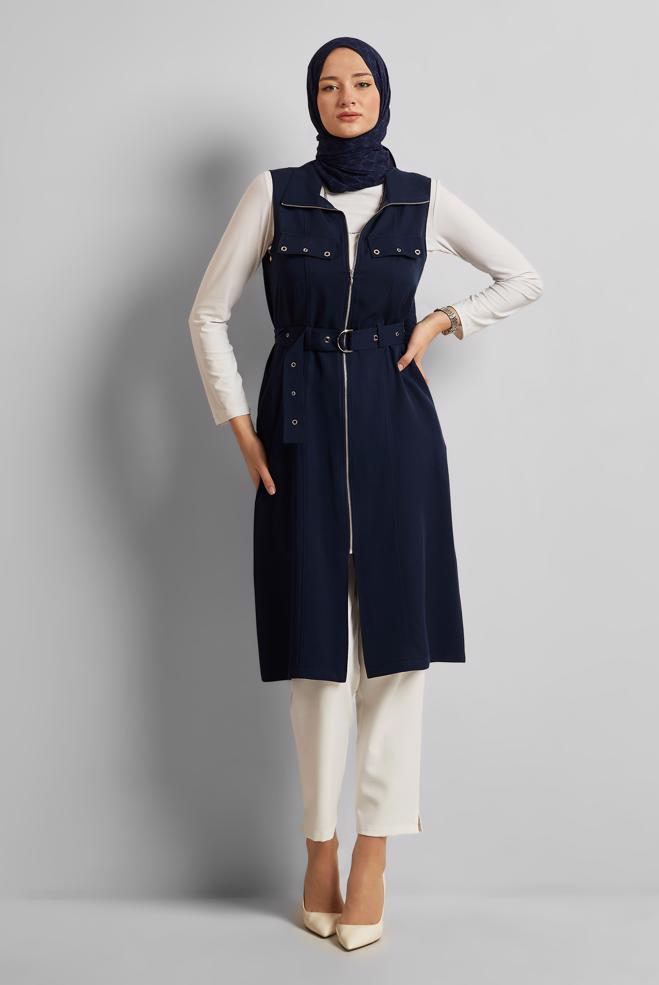 Hijab-Kleidung NAVY BLAU LYOCELL-WESTE MIT GÜRTEL 45645 - ALVİNA