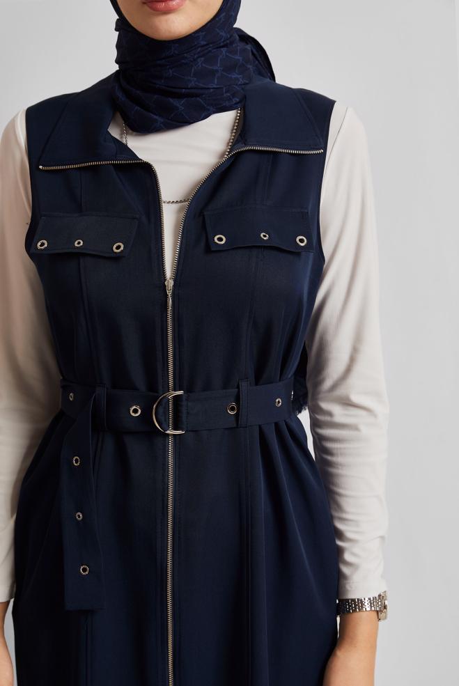 Hijab-Kleidung NAVY BLAU LYOCELL-WESTE MIT GÜRTEL 45645 - ALVİNA