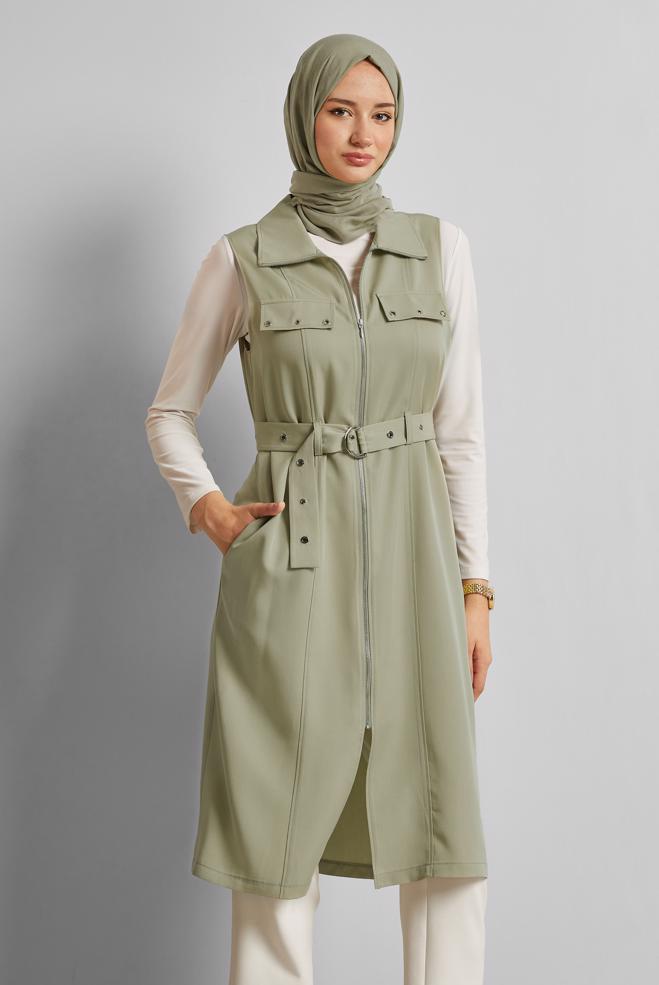 Tesettür giyim BEJ KEMERLİ LYOCELL YELEK 45645 - ALVİNA