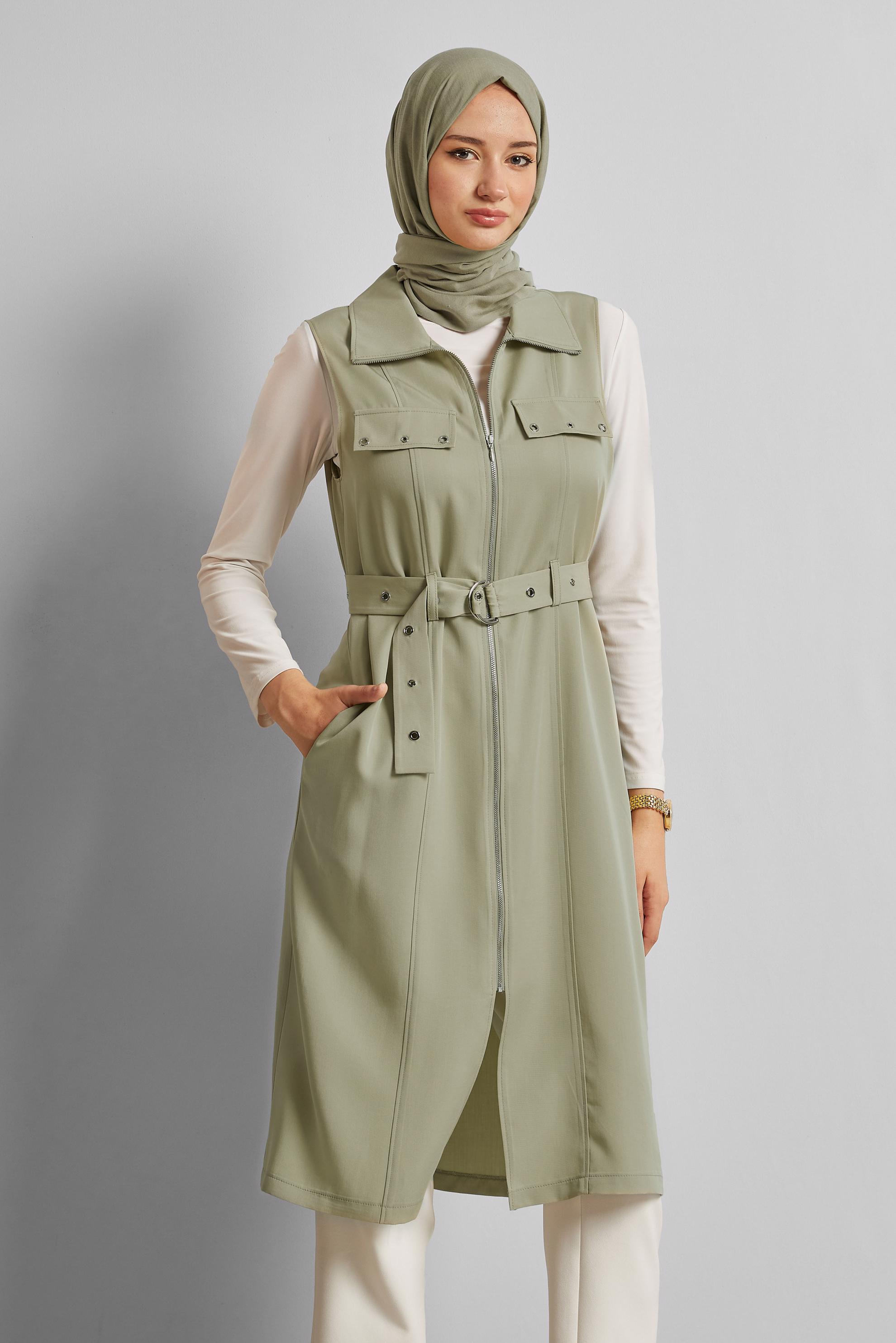 Tesettür giyim BEJ KEMERLİ LYOCELL YELEK 45645