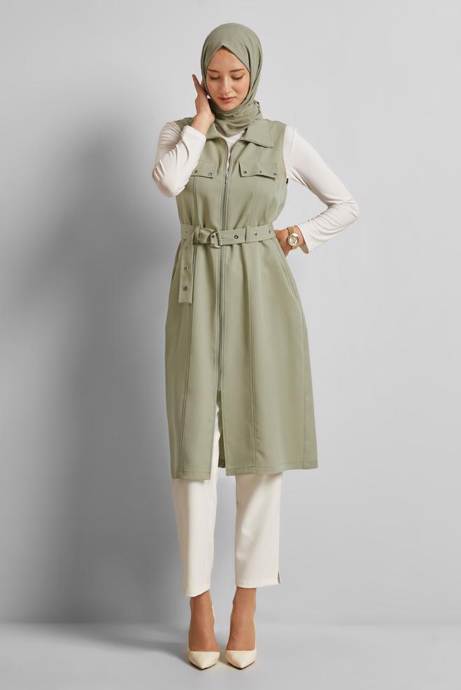 Tesettür giyim BEJ KEMERLİ LYOCELL YELEK 45645 - ALVİNA