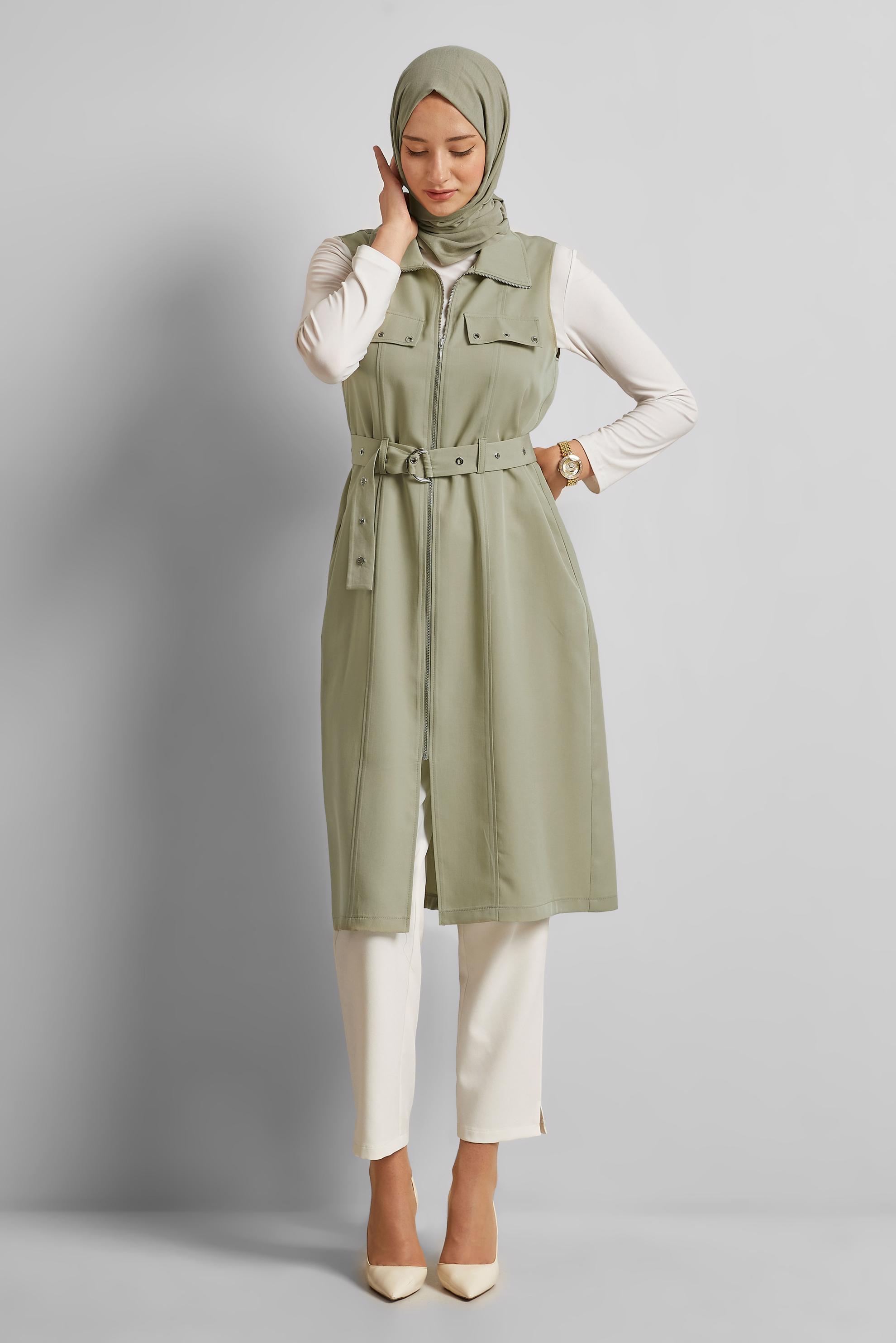 Tesettür giyim BEJ KEMERLİ LYOCELL YELEK 45645