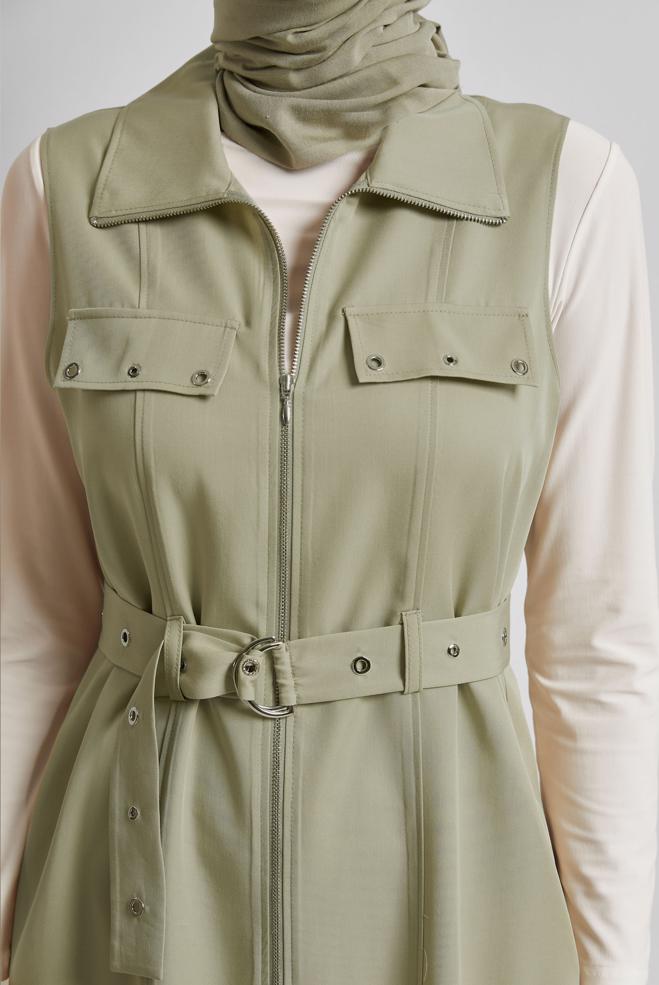 Tesettür giyim BEJ KEMERLİ LYOCELL YELEK 45645 - ALVİNA