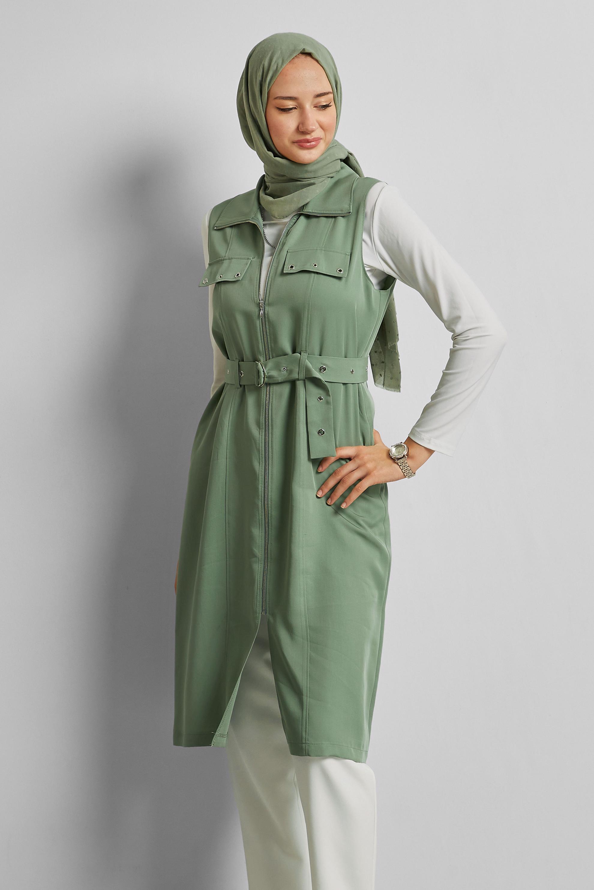 Tesettür giyim YEŞİL KEMERLİ LYOCELL YELEK 45645