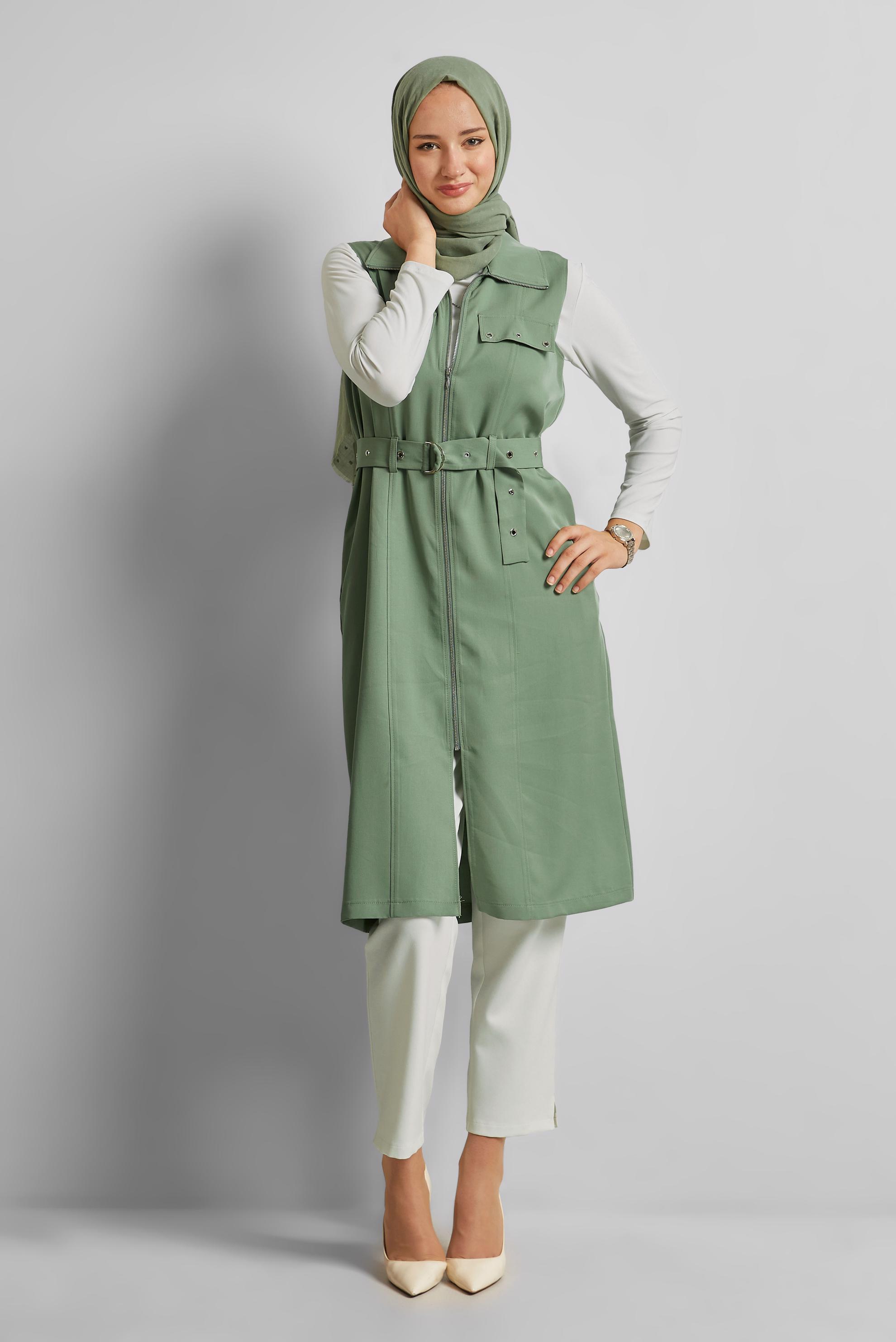 Tesettür giyim YEŞİL KEMERLİ LYOCELL YELEK 45645