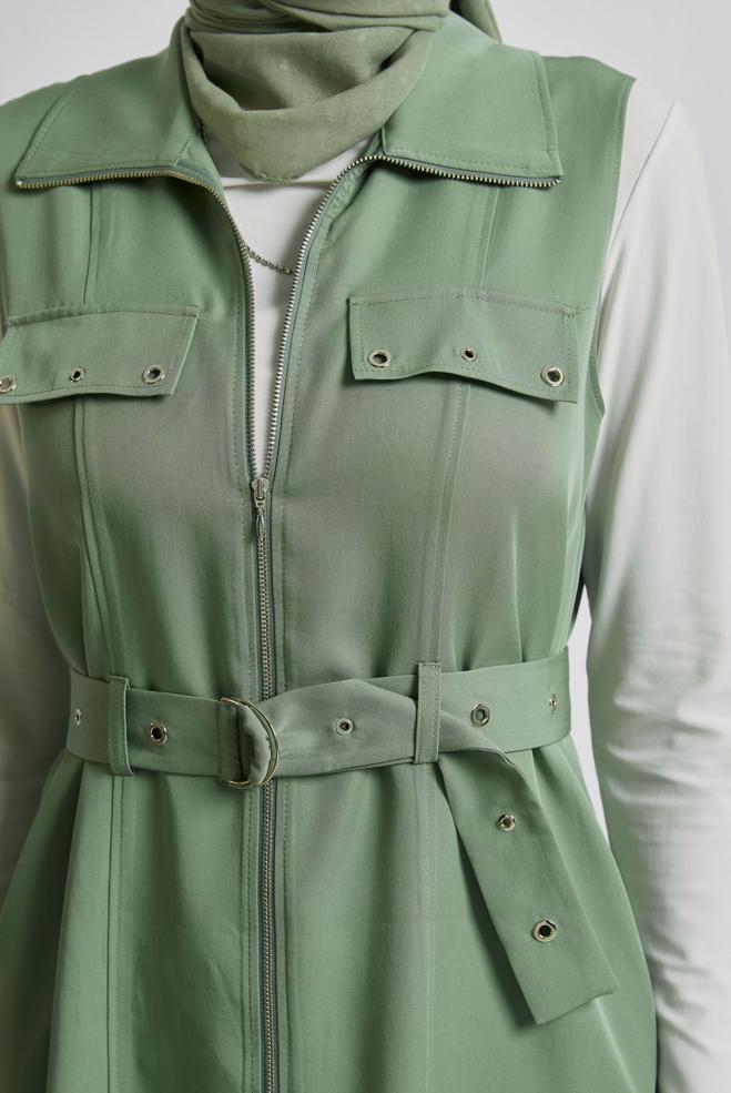 Tesettür giyim YEŞİL KEMERLİ LYOCELL YELEK 45645 - ALVİNA