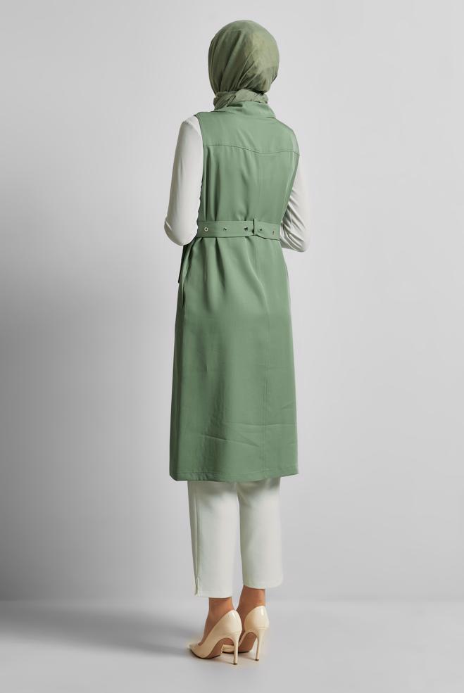 Tesettür giyim YEŞİL KEMERLİ LYOCELL YELEK 45645 - ALVİNA