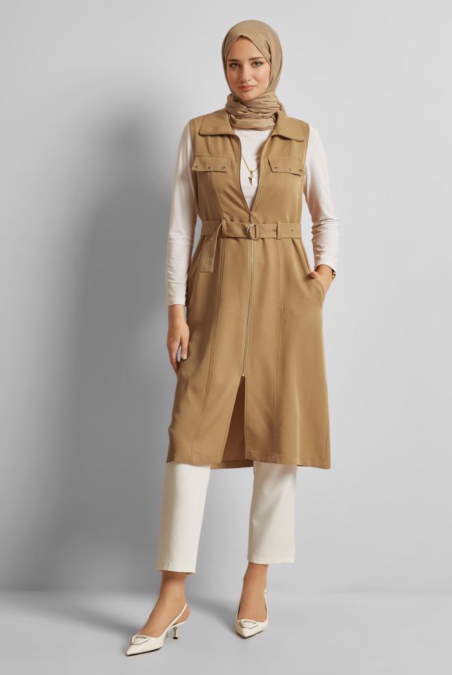 Tesettür giyim KAHVE KEMERLİ LYOCELL YELEK 45645 - ALVİNA