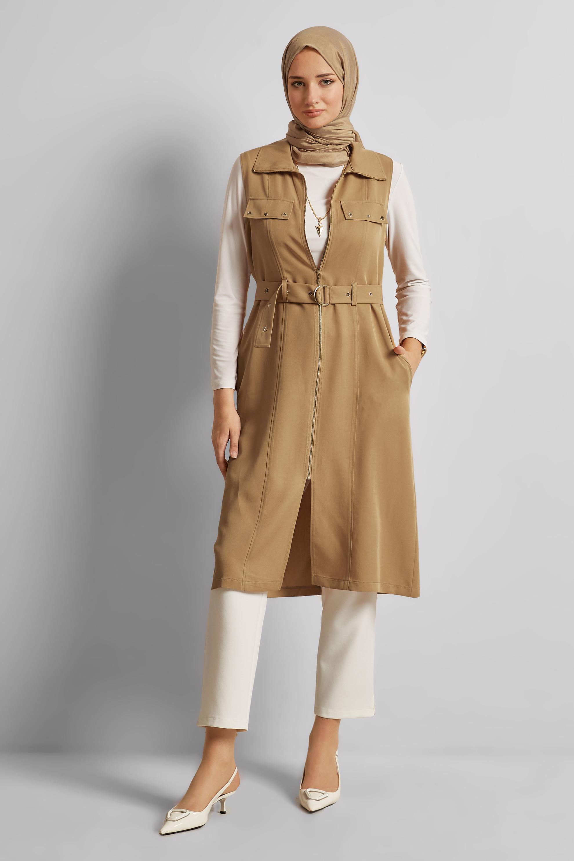 Hijab-Kleidung BRAUN LYOCELL-WESTE MIT GÜRTEL 45645