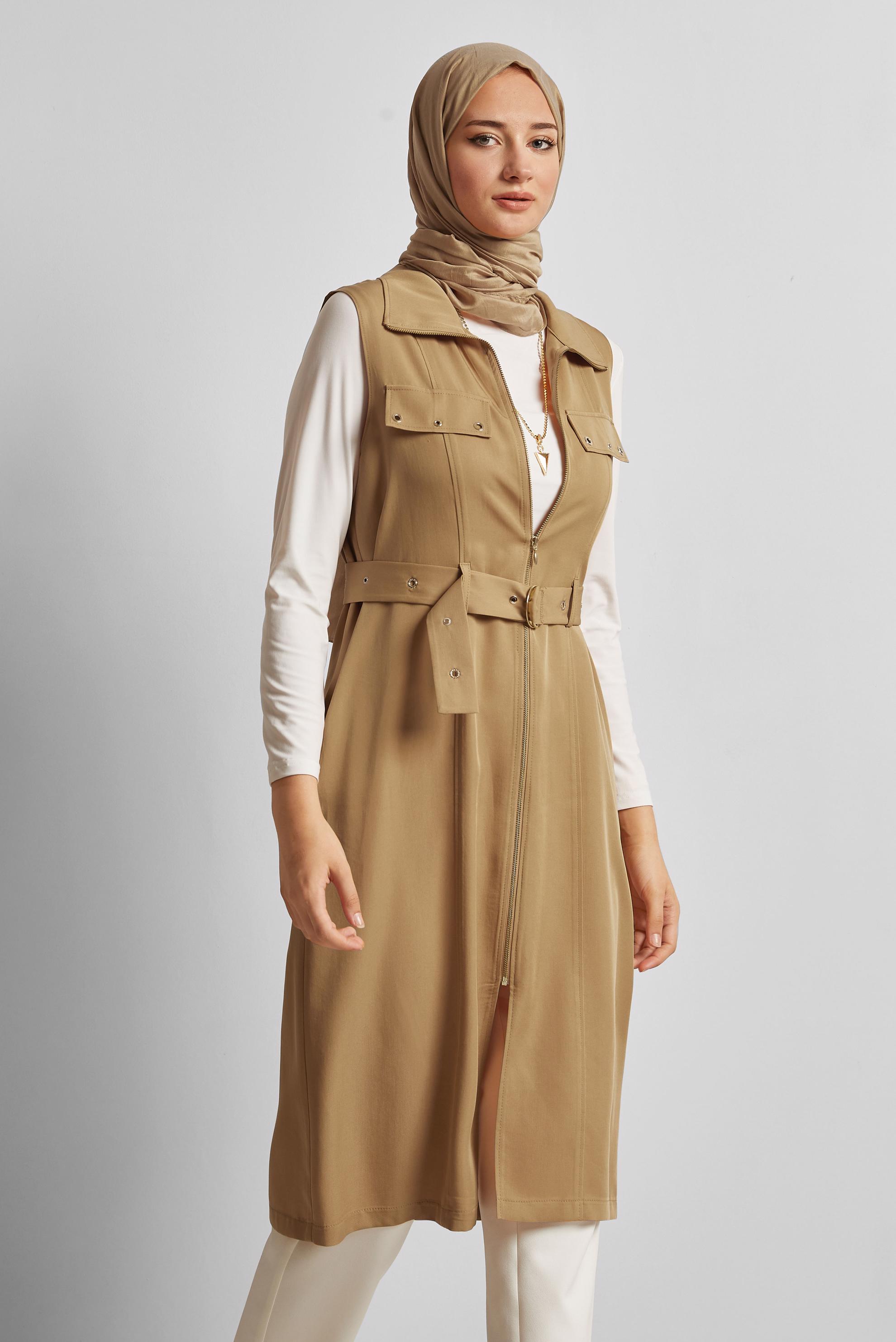 Hijab-Kleidung BRAUN LYOCELL-WESTE MIT GÜRTEL 45645