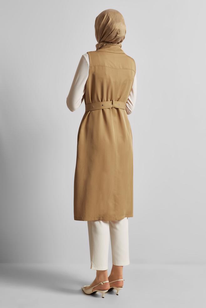 Tesettür giyim KAHVE KEMERLİ LYOCELL YELEK 45645 - ALVİNA