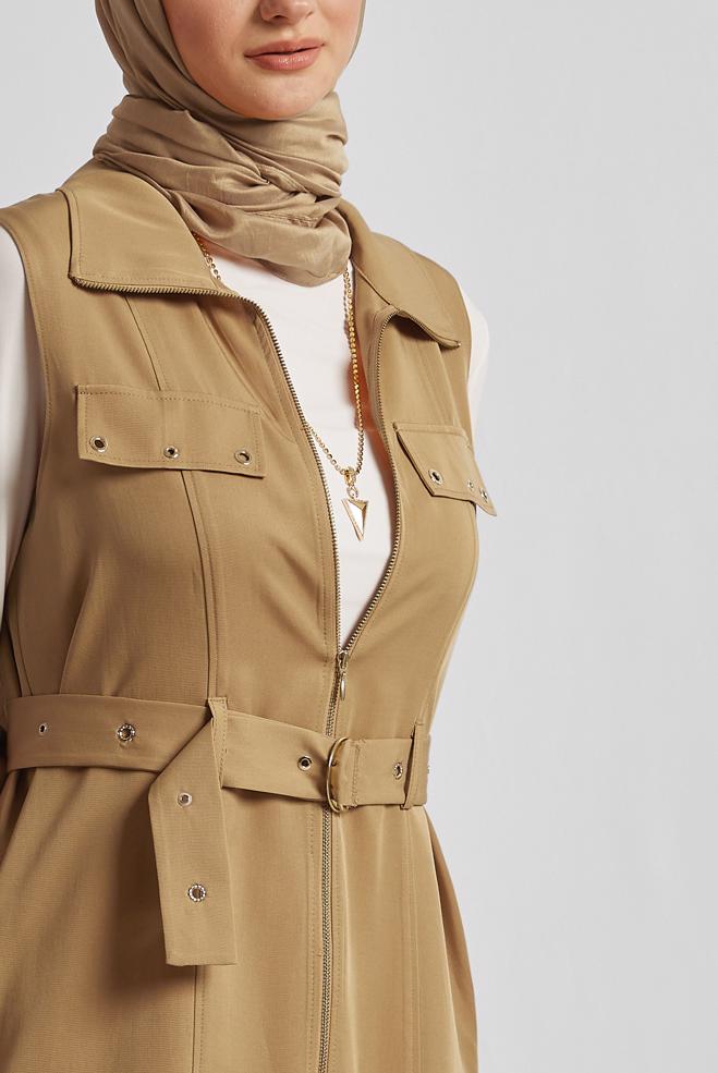 Tesettür giyim KAHVE KEMERLİ LYOCELL YELEK 45645 - ALVİNA