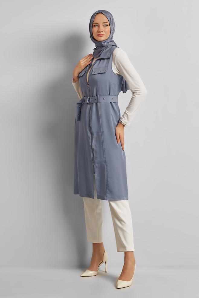 Hijab-Kleidung BLAU LYOCELL-WESTE MIT GÜRTEL 45645 - ALVİNA