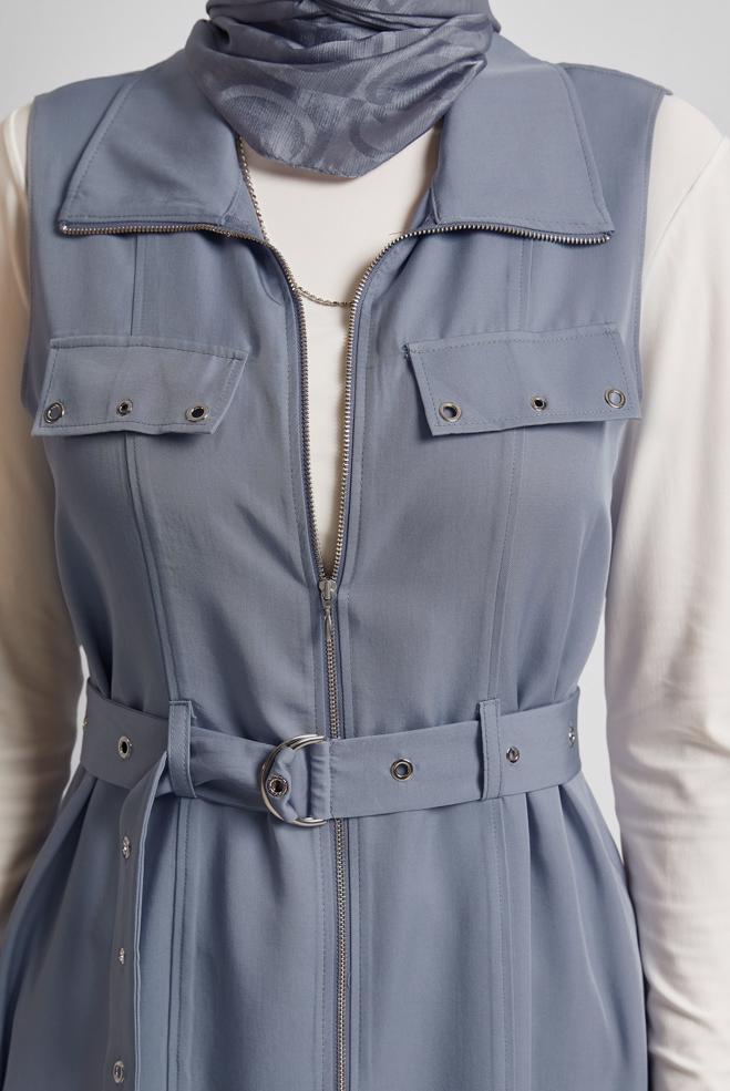 Hijab-Kleidung BLAU LYOCELL-WESTE MIT GÜRTEL 45645 - ALVİNA