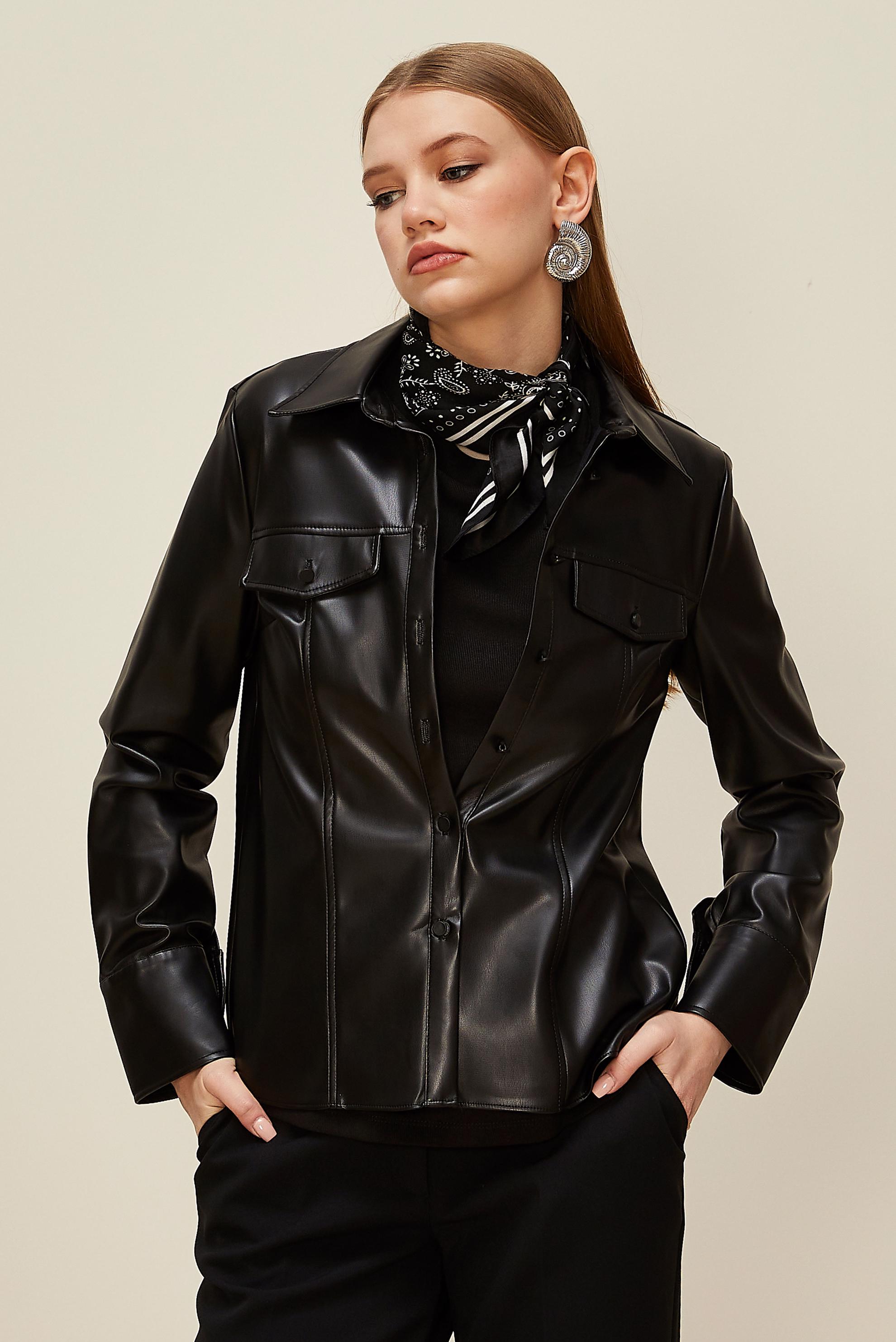 Hijab clothing BLACK  FAUX-LEATHER BLOUSE 46084