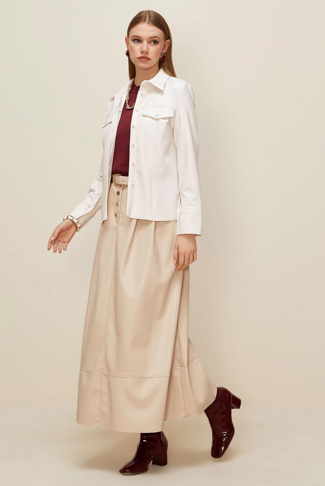 Tesettür giyim BEYAZ SUNİ DERİ BLUZ 46084 - ALVİNA