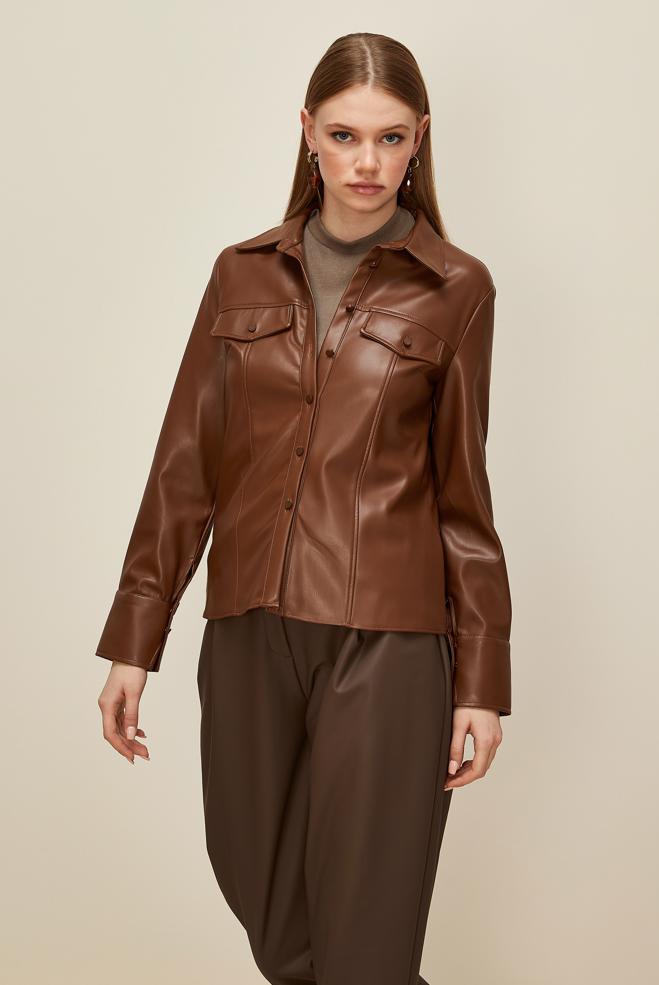 Tesettür giyim TABA SUNİ DERİ BLUZ 46084 - ALVİNA