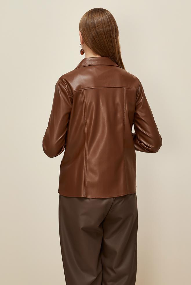 Tesettür giyim TABA SUNİ DERİ BLUZ 46084 - ALVİNA