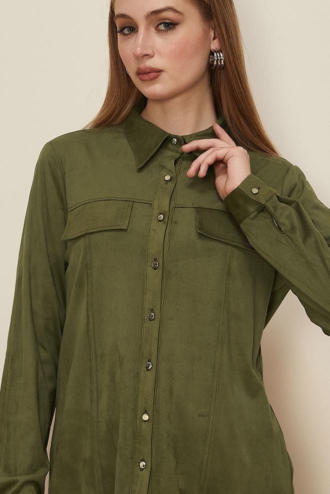 Tesettür giyim HAKİ DÜĞMELİ SÜET BLUZ 46133 - ALVİNA