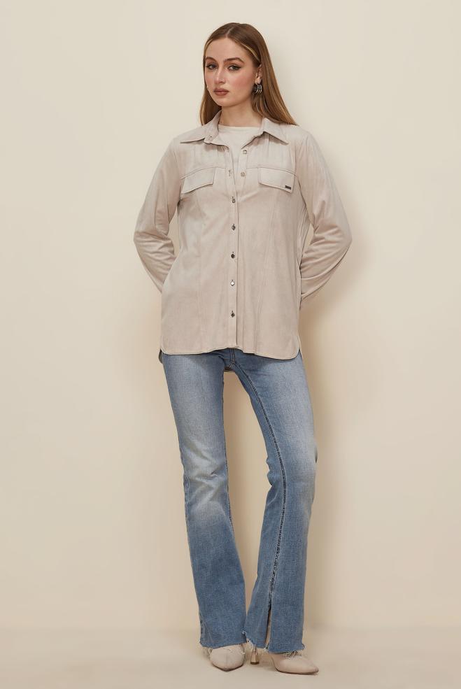 Tesettür giyim BEJ DÜĞMELİ SÜET BLUZ 46133 - ALVİNA