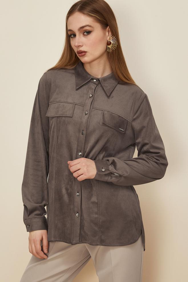 Tesettür giyim VİZON DÜĞMELİ SÜET BLUZ 46133 - ALVİNA