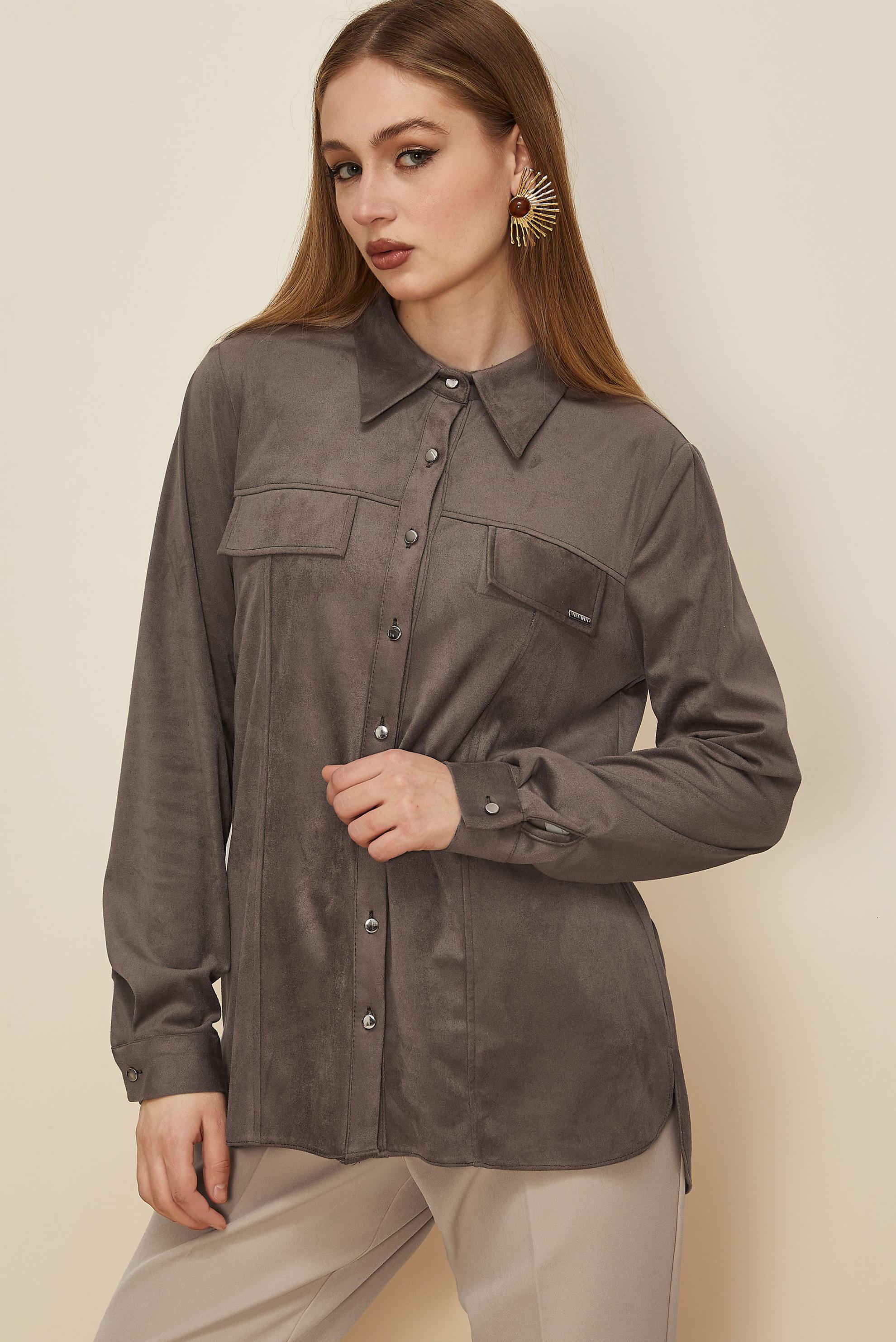 Tesettür giyim VİZON DÜĞMELİ SÜET BLUZ 46133