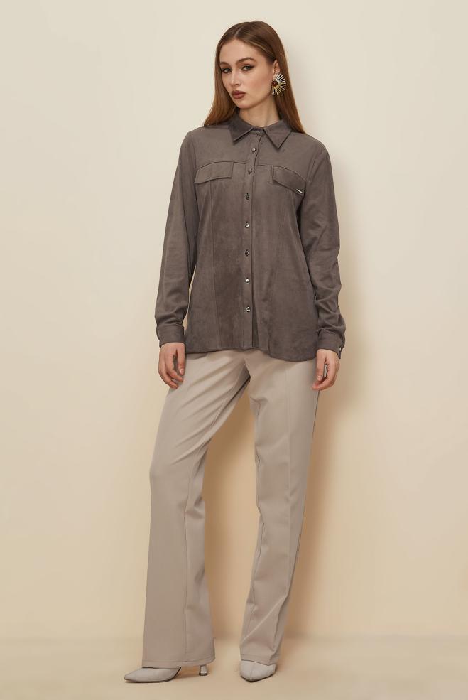 Tesettür giyim VİZON DÜĞMELİ SÜET BLUZ 46133 - ALVİNA