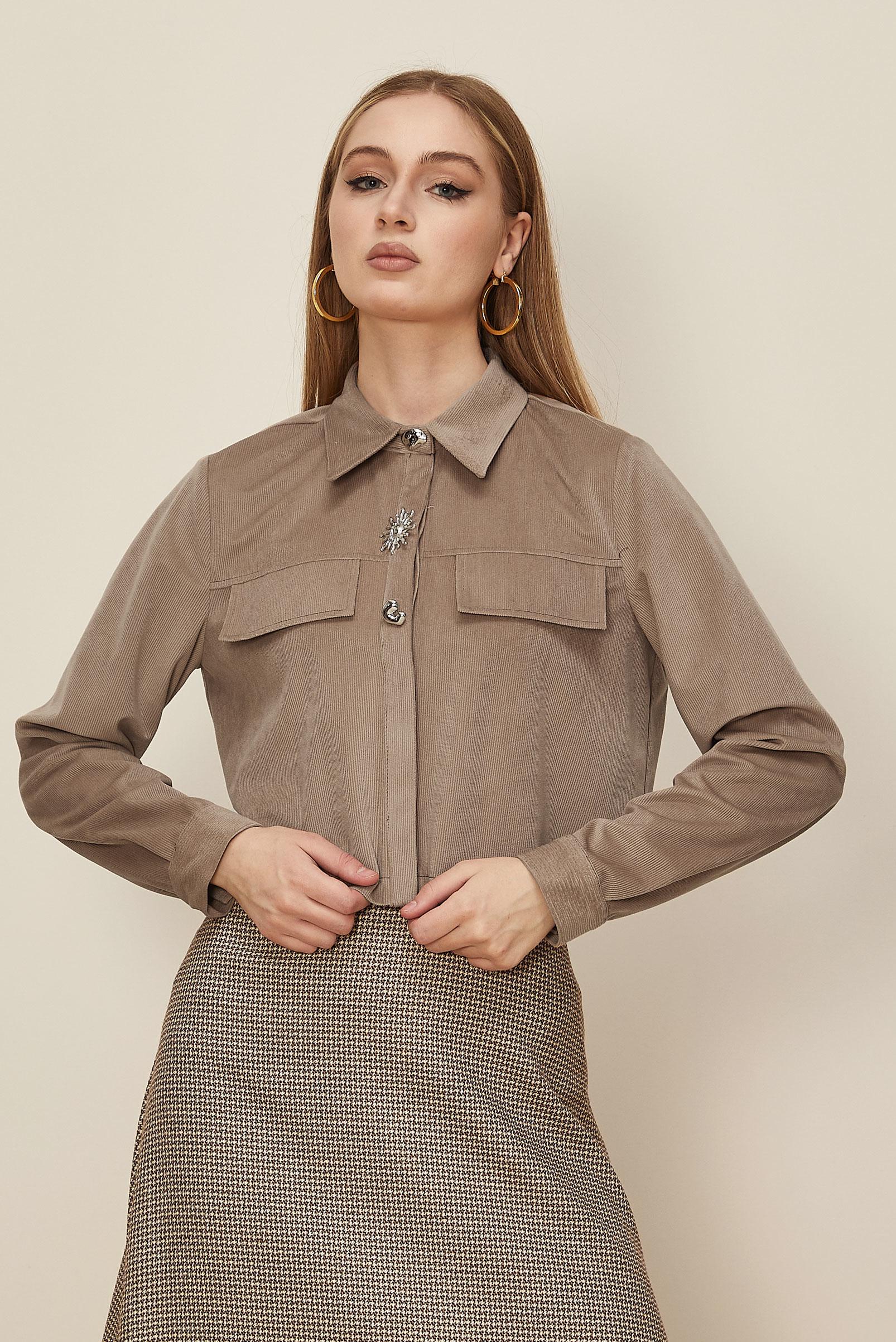 Hijab clothing BEIGE BUTTON DETAILED SUEDE BLOUSE 46238