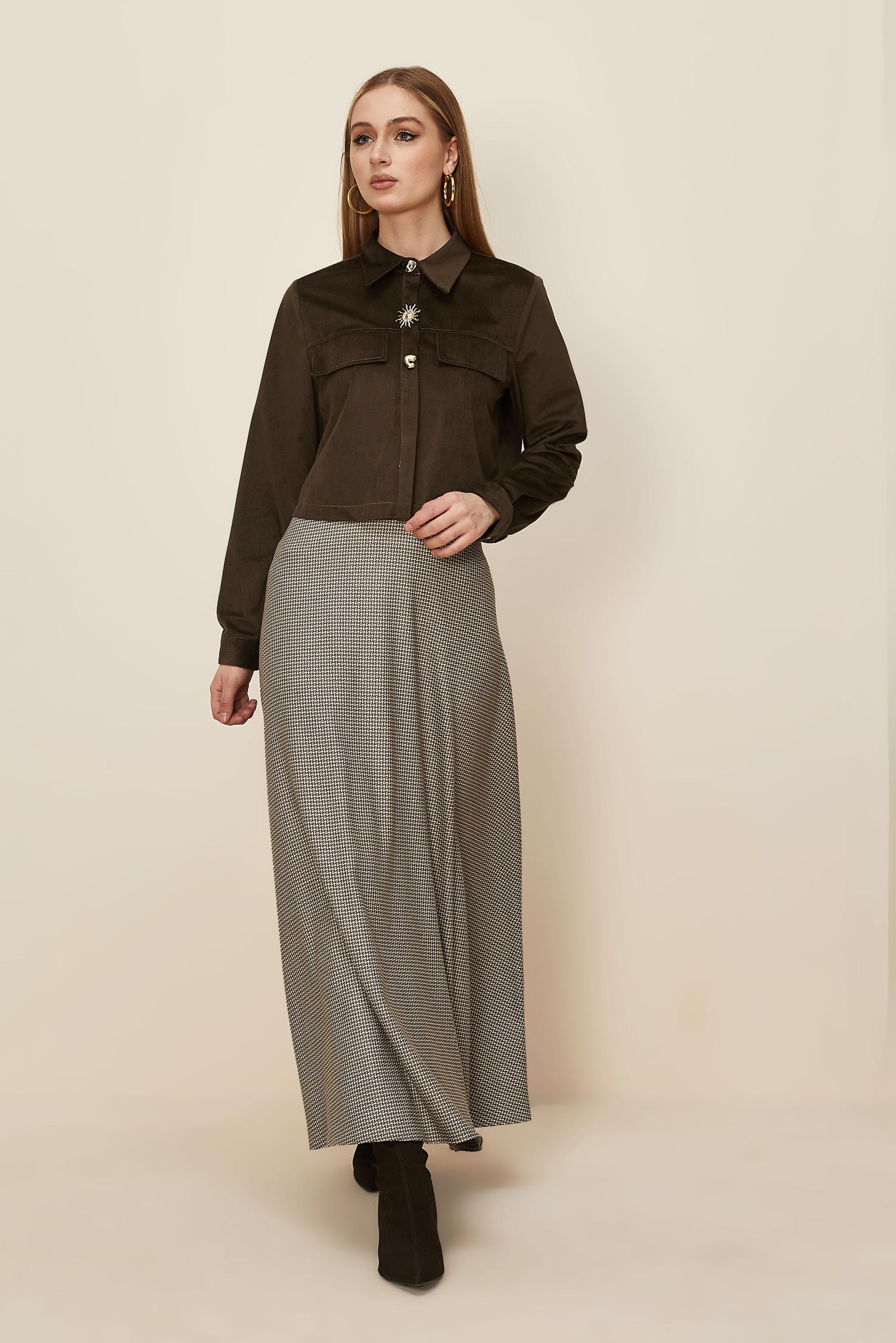 Hijab clothing BROWN BUTTON DETAILED SUEDE BLOUSE 46238