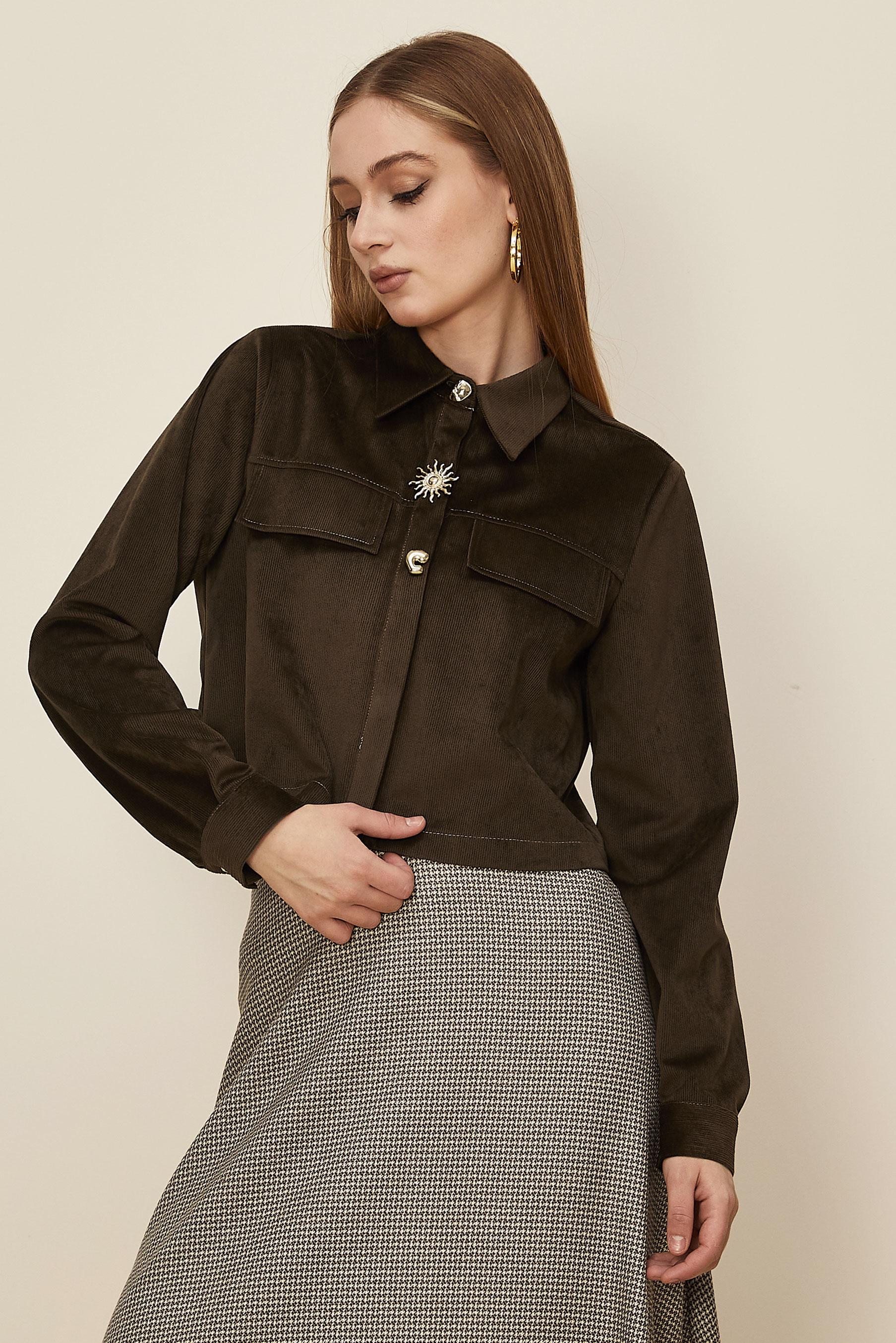 Hijab clothing BROWN BUTTON DETAILED SUEDE BLOUSE 46238