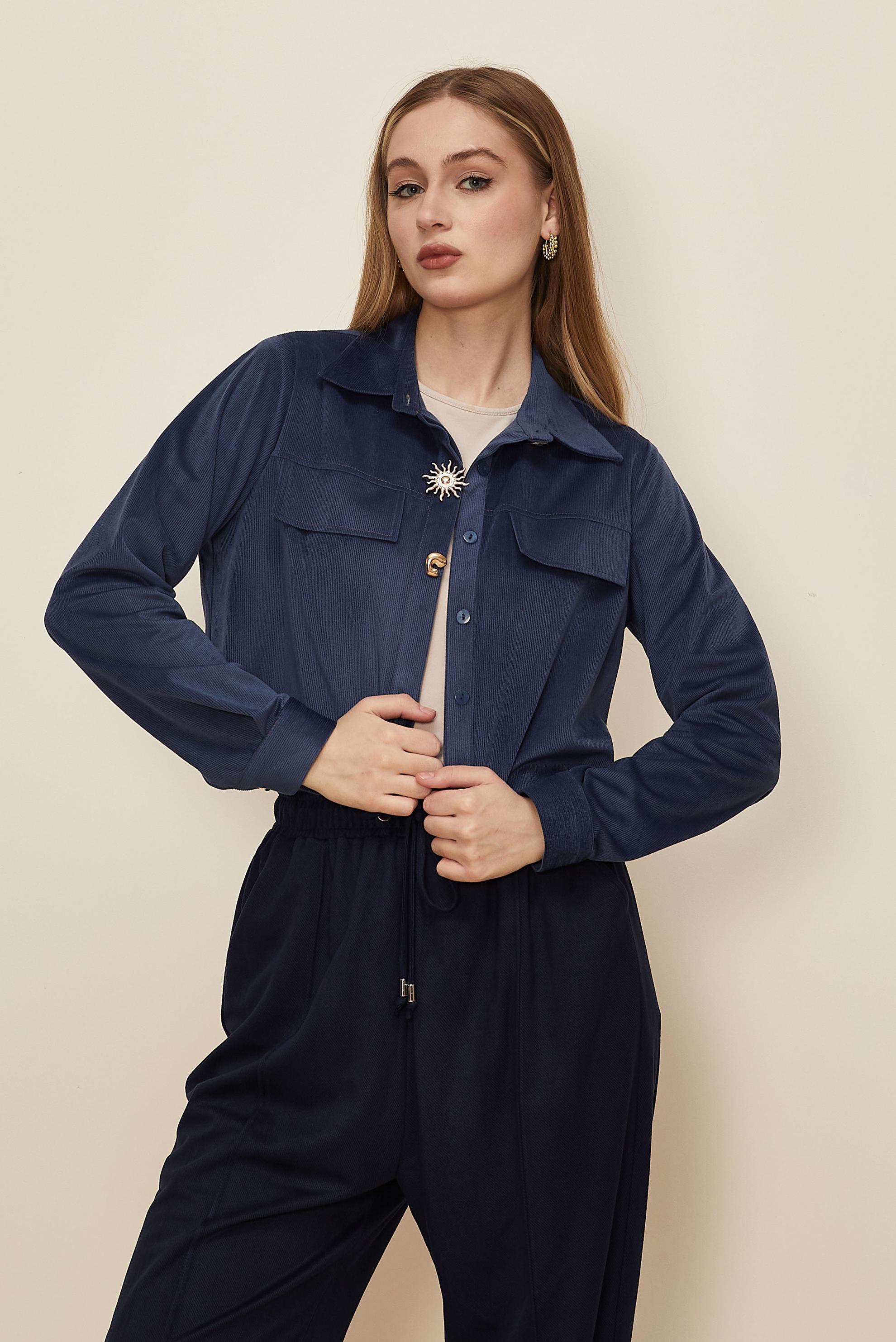 Hijab clothing NAVY BLUE BUTTON DETAILED SUEDE BLOUSE 46238