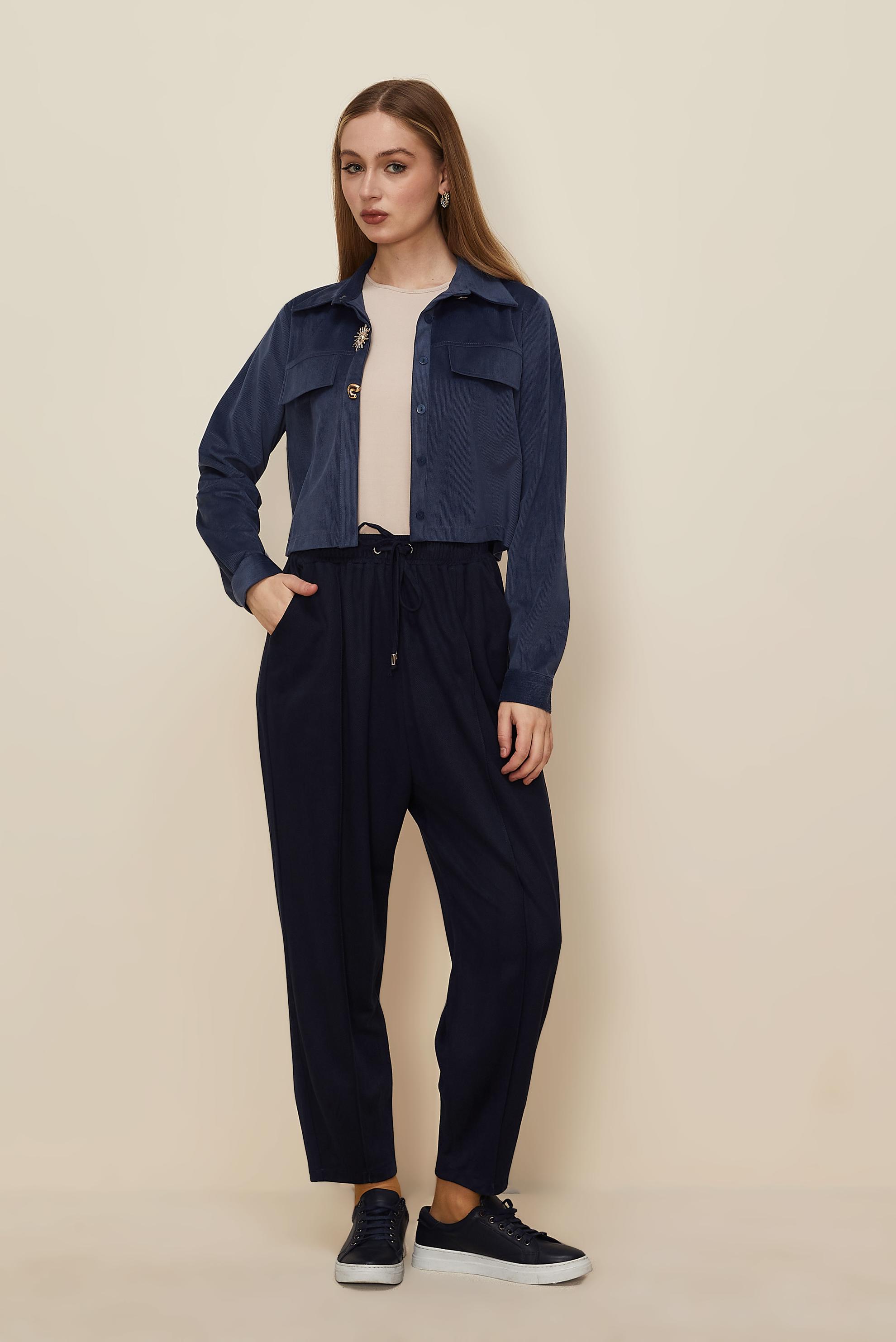 Hijab clothing NAVY BLUE BUTTON DETAILED SUEDE BLOUSE 46238