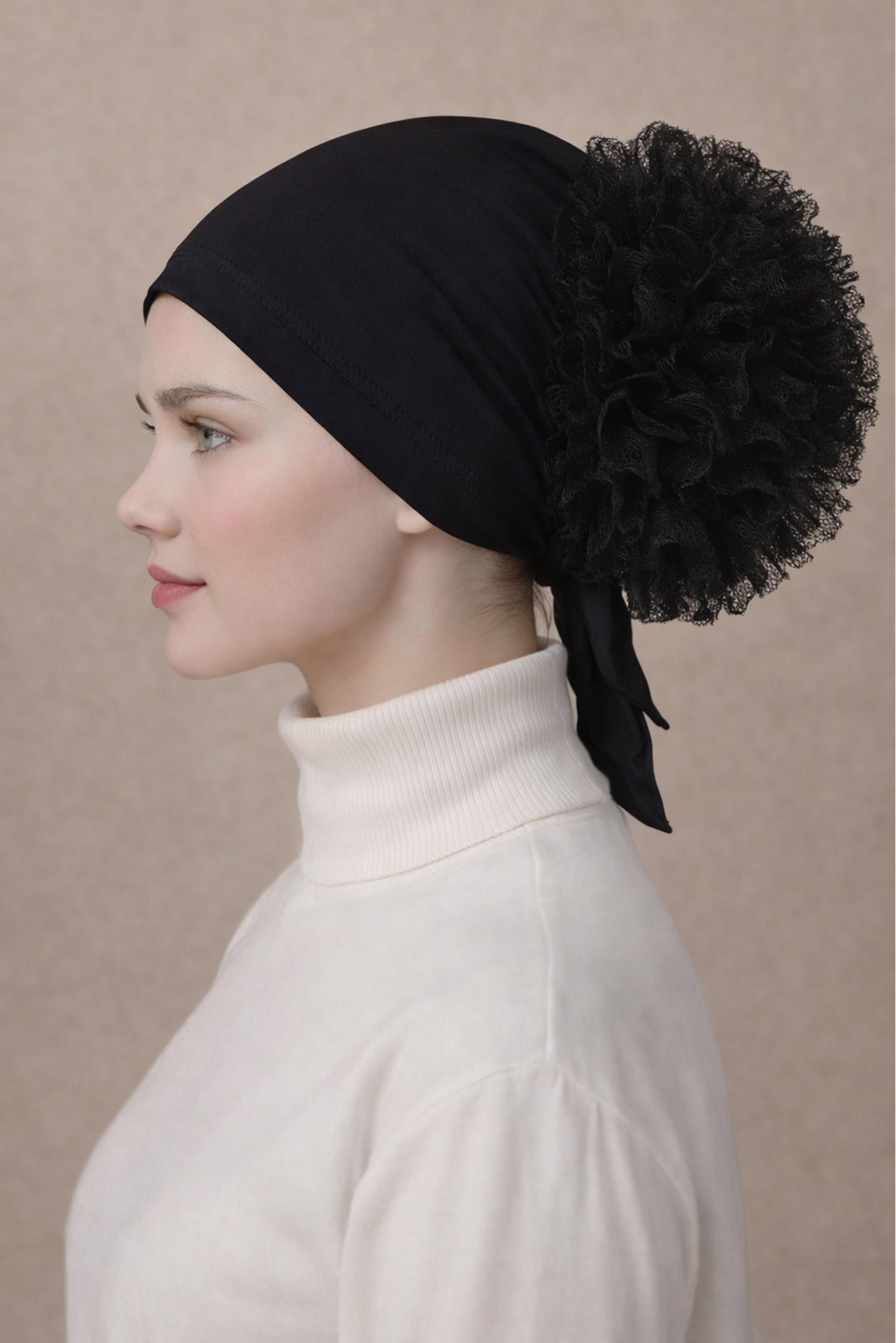 Tesettür giyim SİYAH ALVİNA DİKİŞLİ FIRFIRLI BONE 40075-1