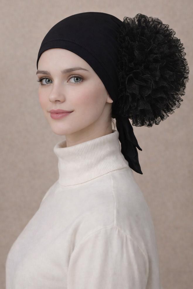 Tesettür giyim SİYAH ALVİNA DİKİŞLİ FIRFIRLI BONE 40075-1 - ALVİNA